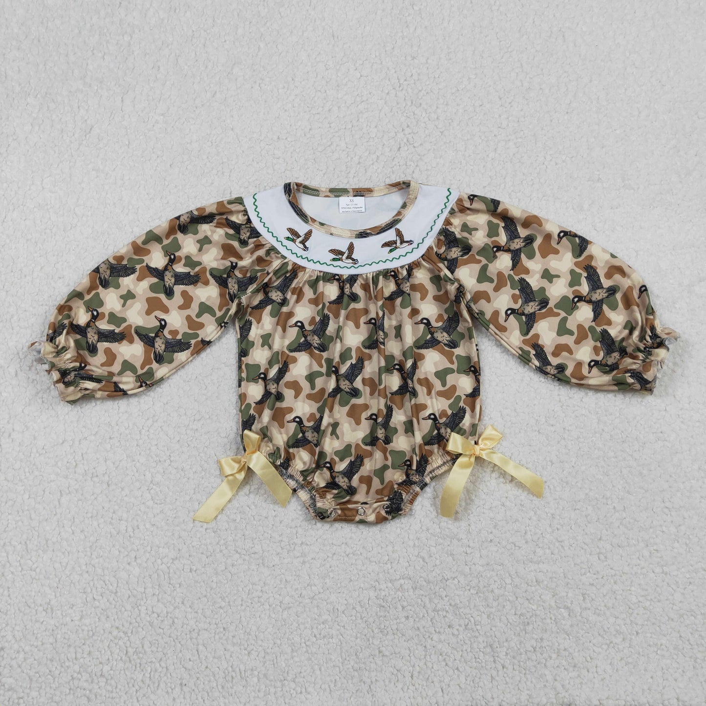 RTS Baby Girls Infant Long Sleeves Embroidery Ducks Camo Bows Hunting Bubble Romper