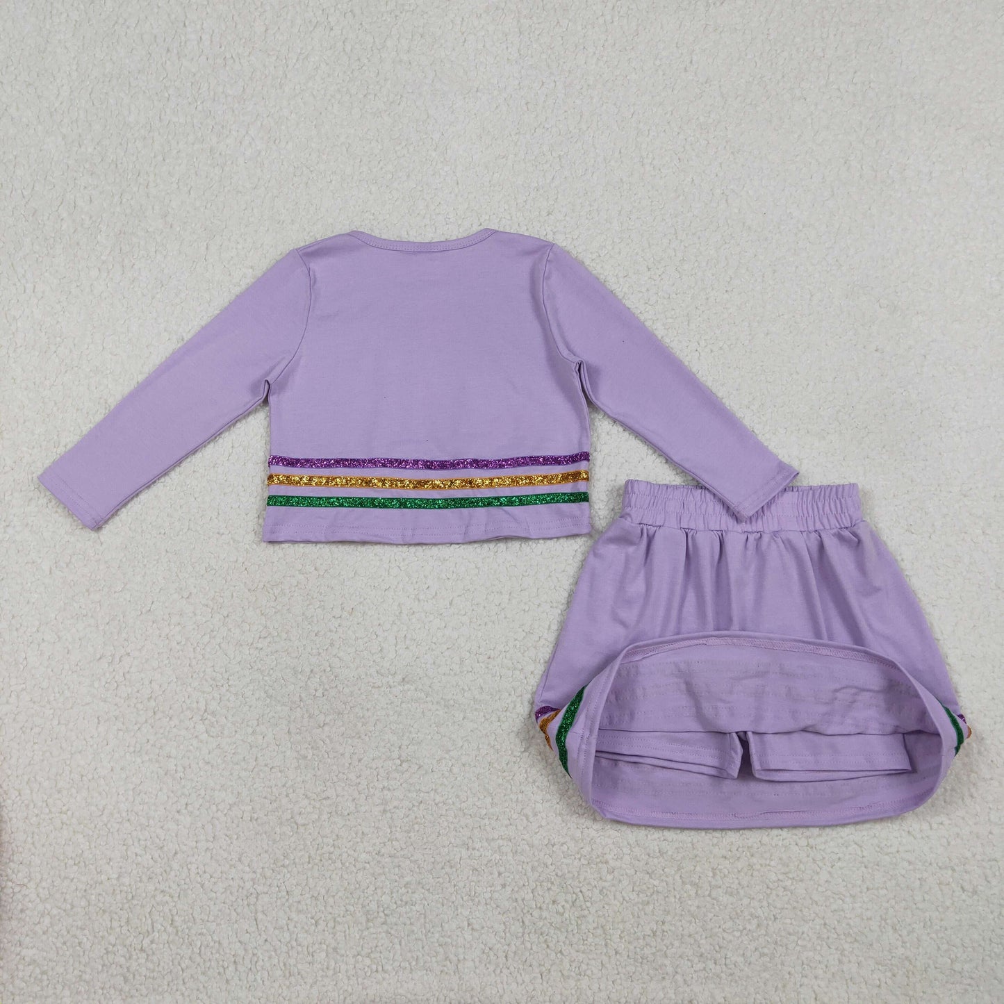 RTS Baby Girls Long Sleeves Stripes Shirt Shorts Skirt Mardi Gras Purple Clothes Set