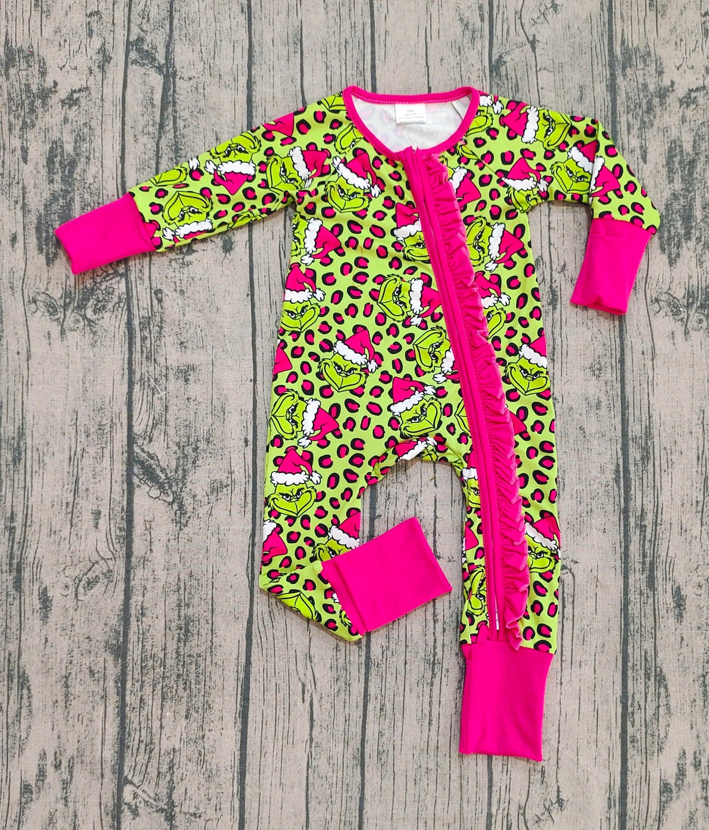 RTS Baby Girl Fur Long Sleeves Green Face Leopard Christmas Red Zipper Pajamas Romper
