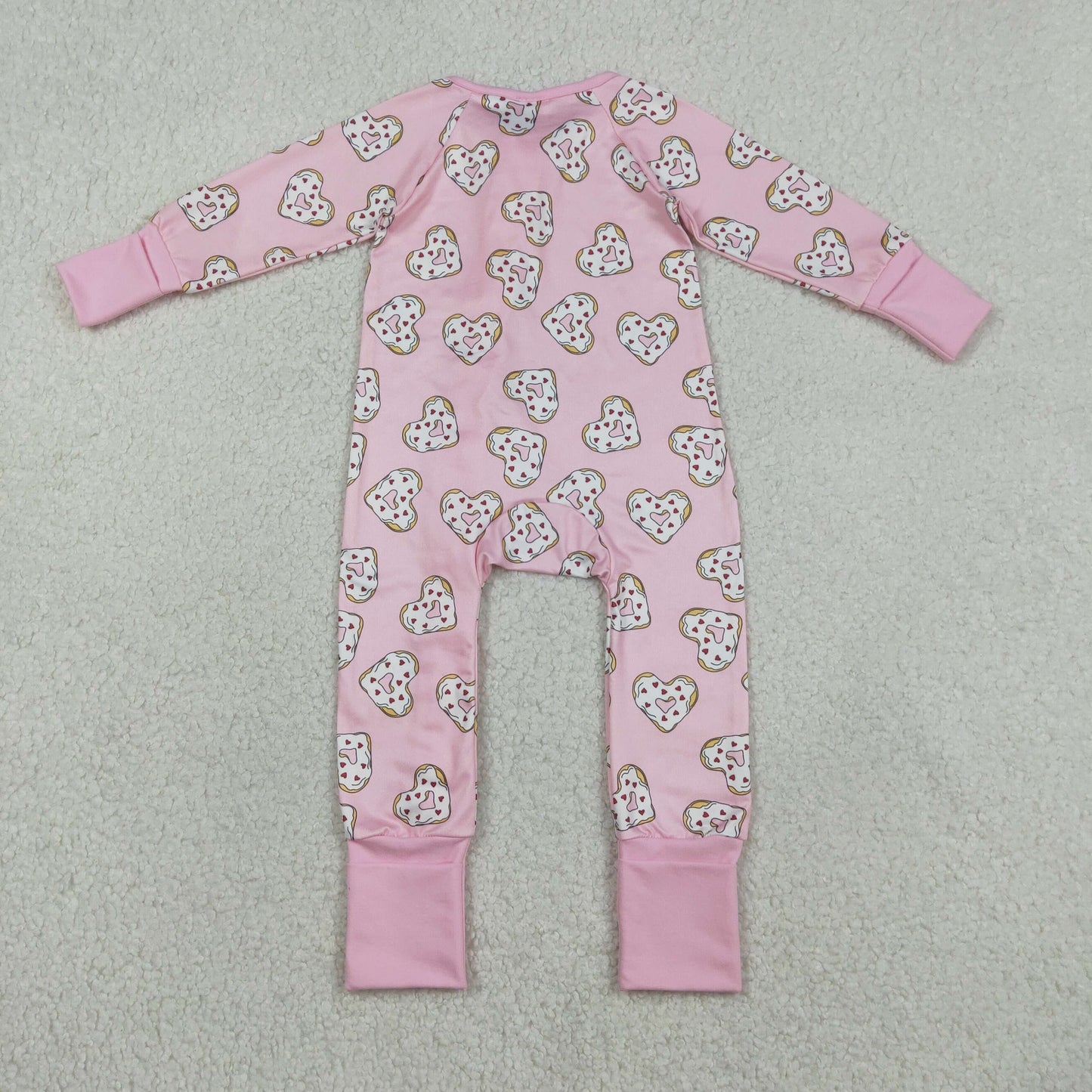 RTS Sibling Baby Girls Kids Long Sleeves Donuts Hearts Valentines Pink Zipper Romper Pajamas Set