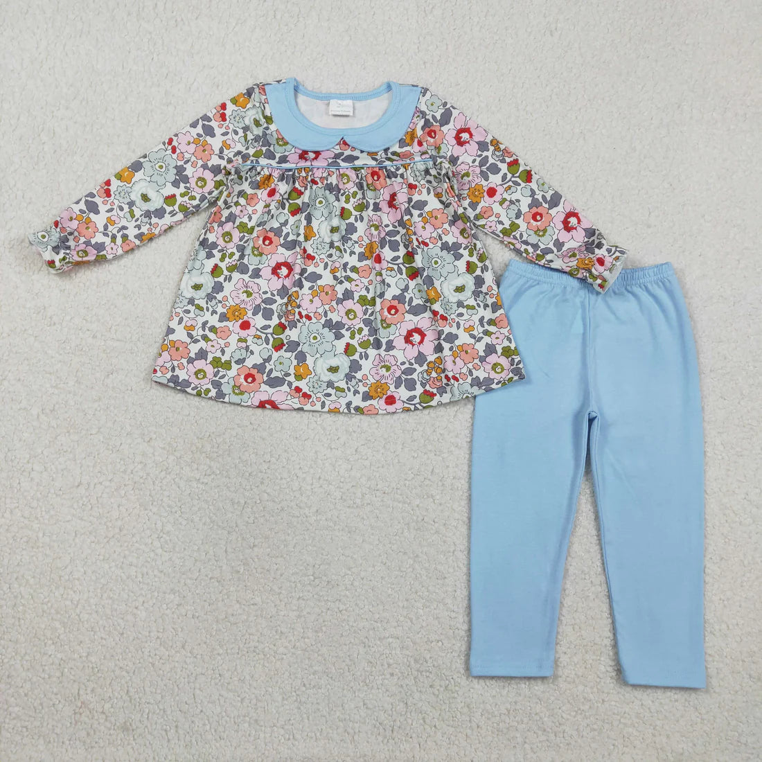 RTS Baby Girls Kids Long Sleeves Floral Tunic Blue Pants Clothes Set