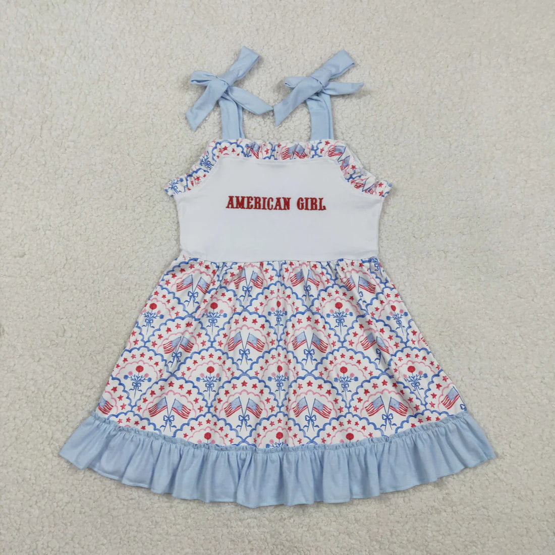 RTS Baby Kids Straps Embroidery American Girl Flags Bows 4th of July Blue Ruffle Dress