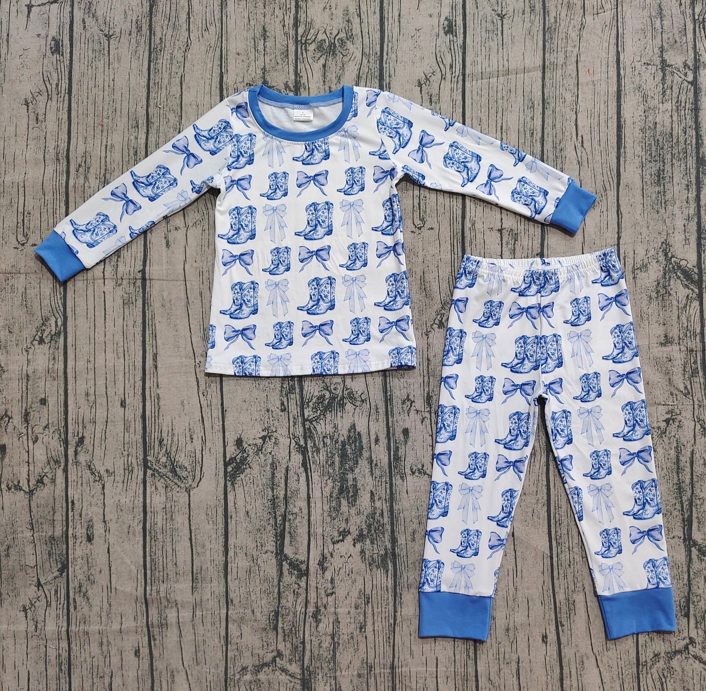 RTS Baby Girl Long Sleeves Blue Bows Boots Shirt Pants Western Pajamas Clothes Set
