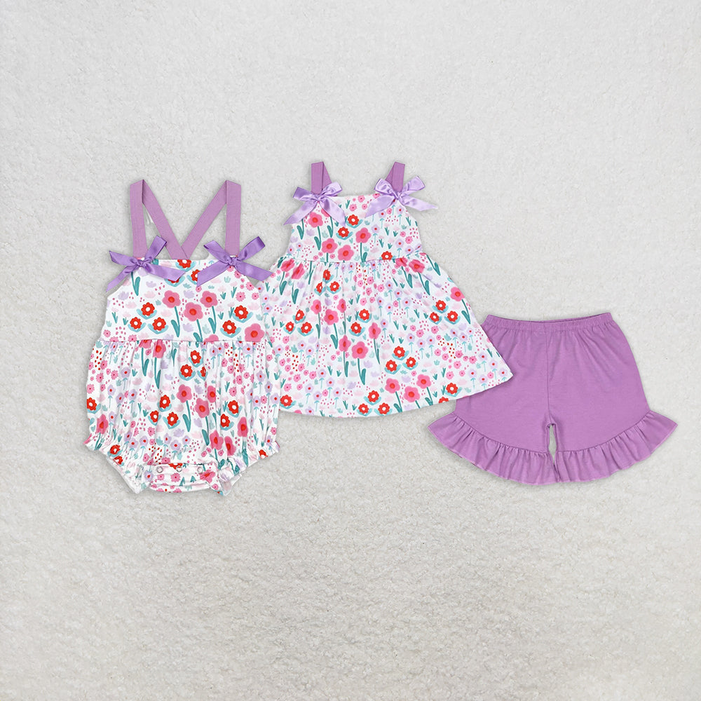 RTS NO MOQ Summer Sibling Baby Girls Purple Tulip Flowers Bows Rompers Tunic Shorts Clothes Sets
