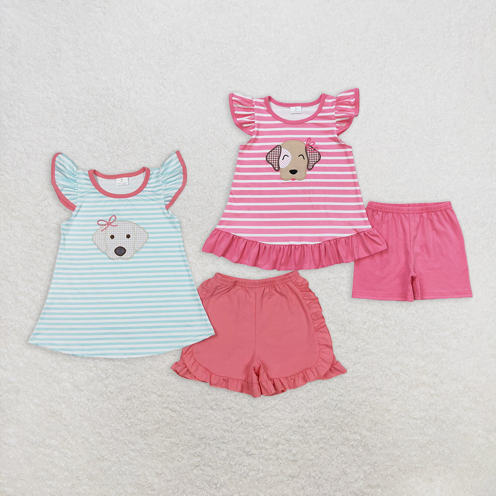 5.14 RTS NO MOQ Summer Sibling Baby Girls Flutter Sleeve Stripes Dog Tunic Top Shorts Clothes Sets