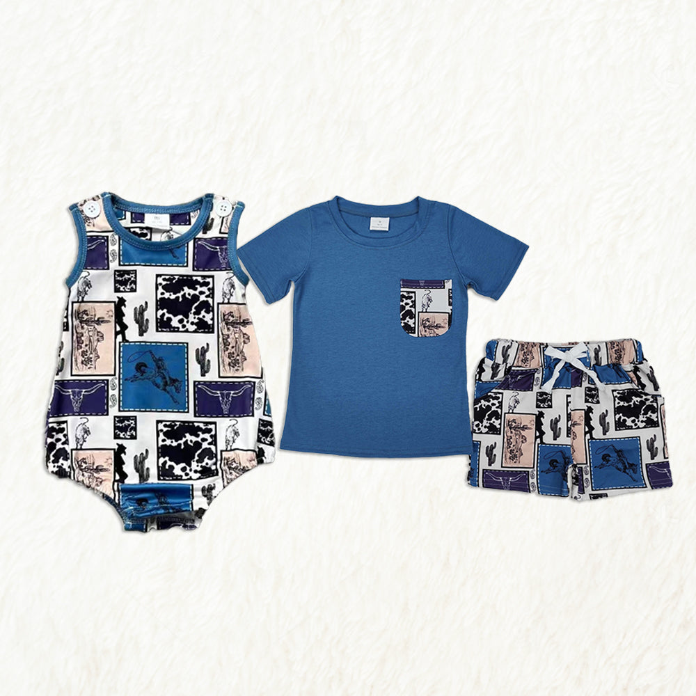 5.24 RTS NO MOQ Summer Sibling Baby Boys Western Cowboys Rompers Outfits