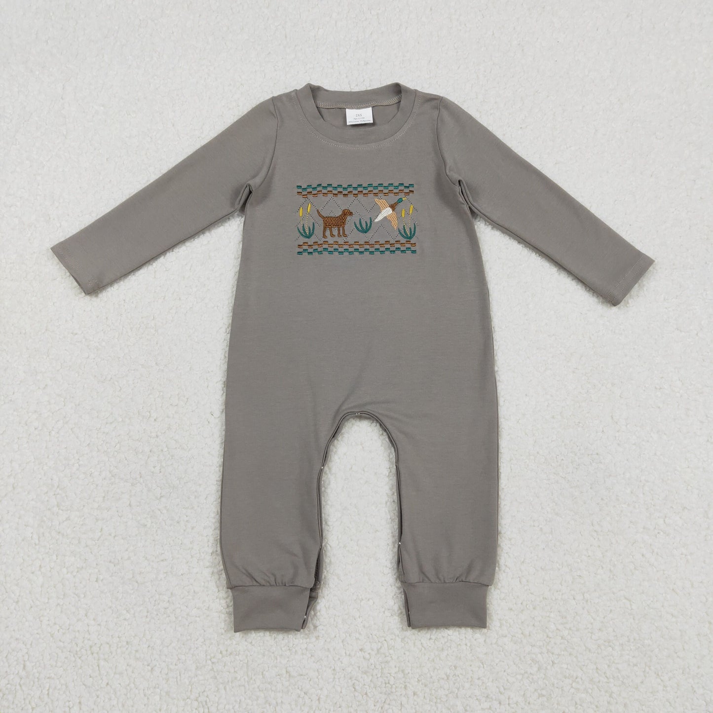 RTS Baby Boys Long Sleeves Embroidery Dogs Ducks Cotton Romper