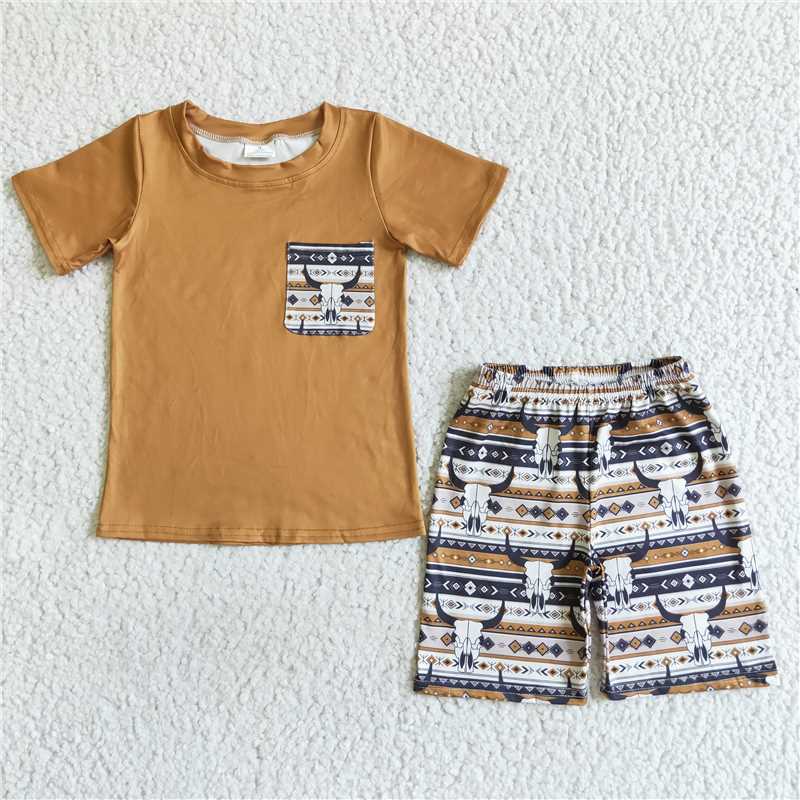 8.11 RTS NO MOQ Baby Boys kids Summer Sets BSSO0073 Cow skull pocket western shorts sets