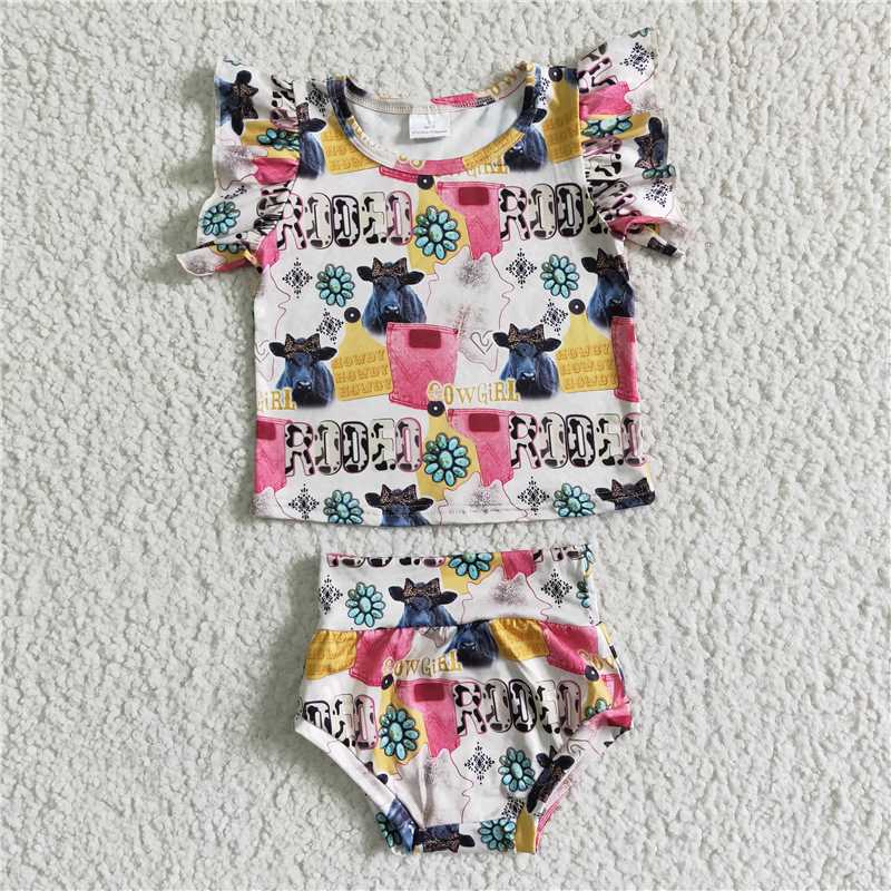 5.24 RTS NO MOQ Baby Girls Summer Outifts GBO0044 Western Pink Rodeo Bummie Sets