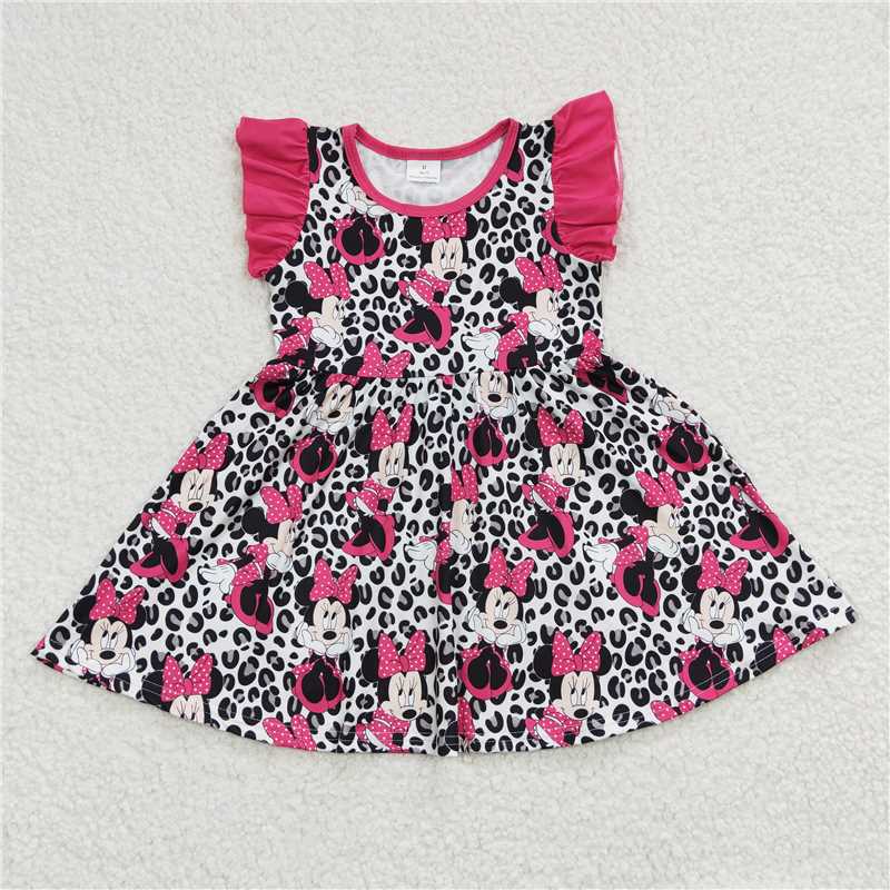 8.4 RTS NO MOQ Summer Baby Girls Dresses GSD0214 Leopard Cartoon Mouse Knee Length Dresses