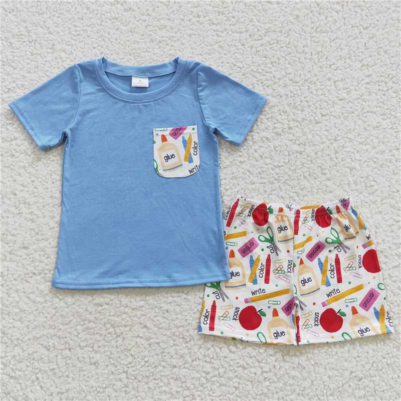RTS NO MOQ Baby Boys kids Summer Sets BSSO0278 Back To School Blue Pencil Apple Glue Pocket Shorts Sets