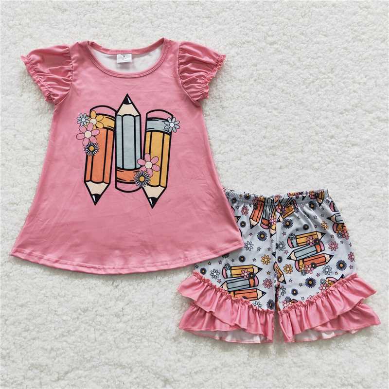 RTS NO MOQ Baby Girls Summer Sets GSSO0356 Back To School Pencil Floral Shirt Ruffle Shorts Clothes Sets