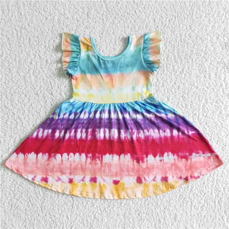8.7 RTS NO MOQ Summer Baby Girls Dresses GSD0024 Flutter sleeve tie dye print dresses