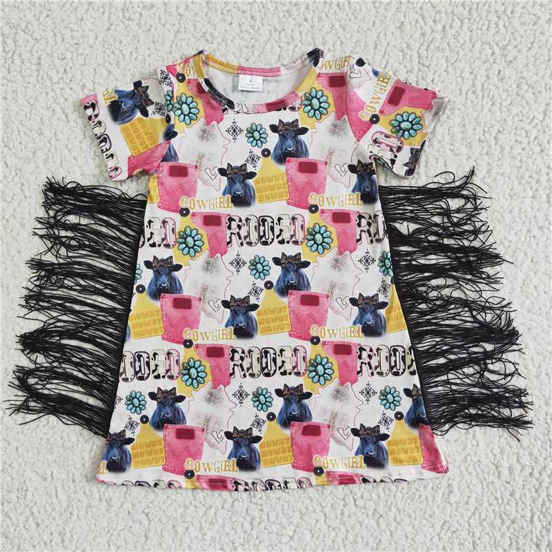 8.6 RTS NO MOQ Summer Baby Girls Dresses GSD0090 Short Sleeve western pink rodeo tassel dresses