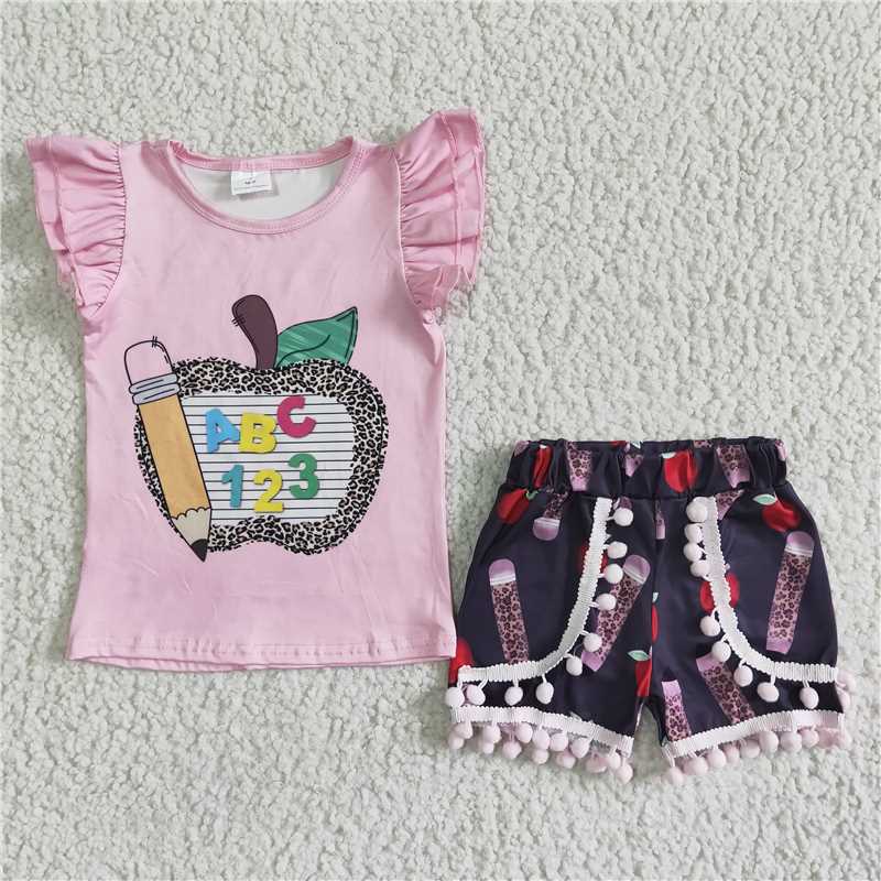 RTS NO MOQ Baby Girls Summer Sets GSSO0116 Back To School Pencil Apple Shorts Sets