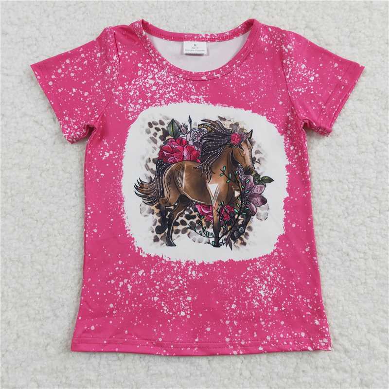 7.25 RTS NO MOQ Summer Baby Girls Short Sleeve GT0122 Hotpink Horse Western Short Sleeve Shirts Tops