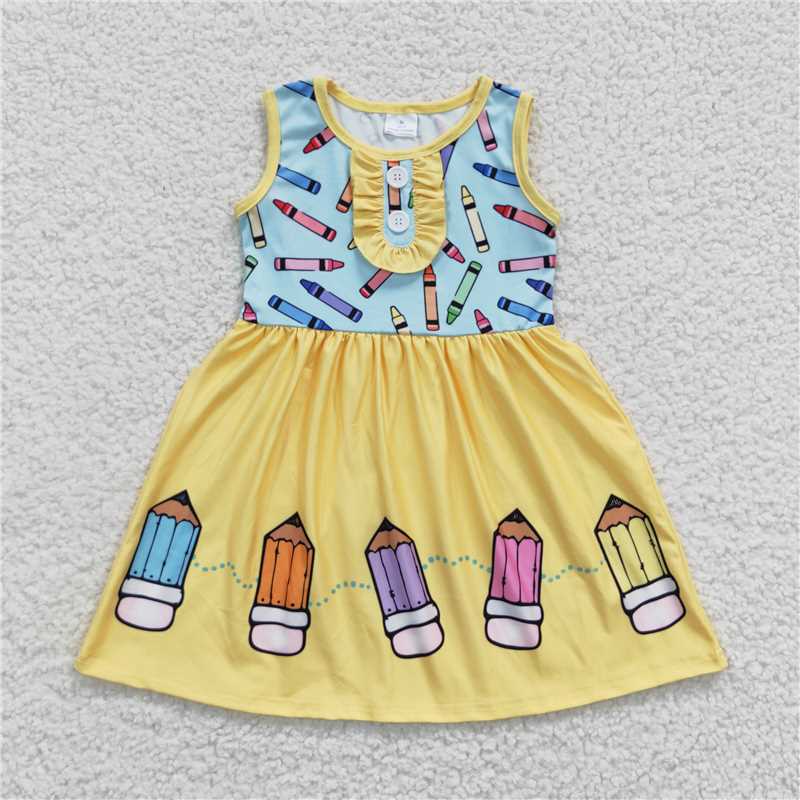 RTS NO MOQ Baby Girls Summer Skirt GSD0383 Sleeveless Pencil Yellow Back To School Knee Length Dresses