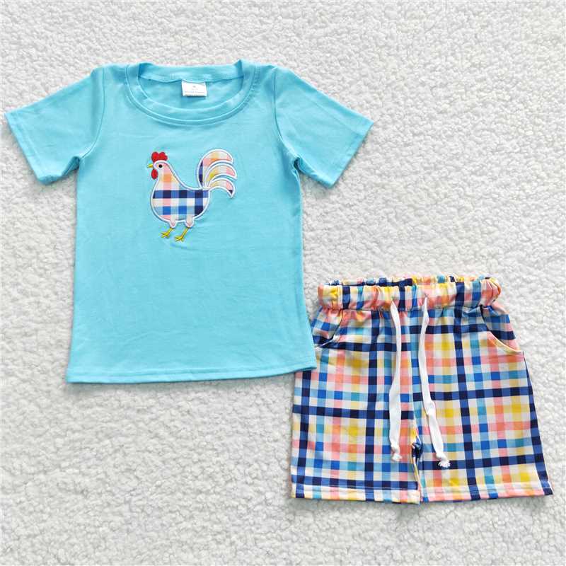 RTS NO MOQ Baby Boys kids Summer Sets BSSO0270 Chicken Blue Plaid Shorts Sets