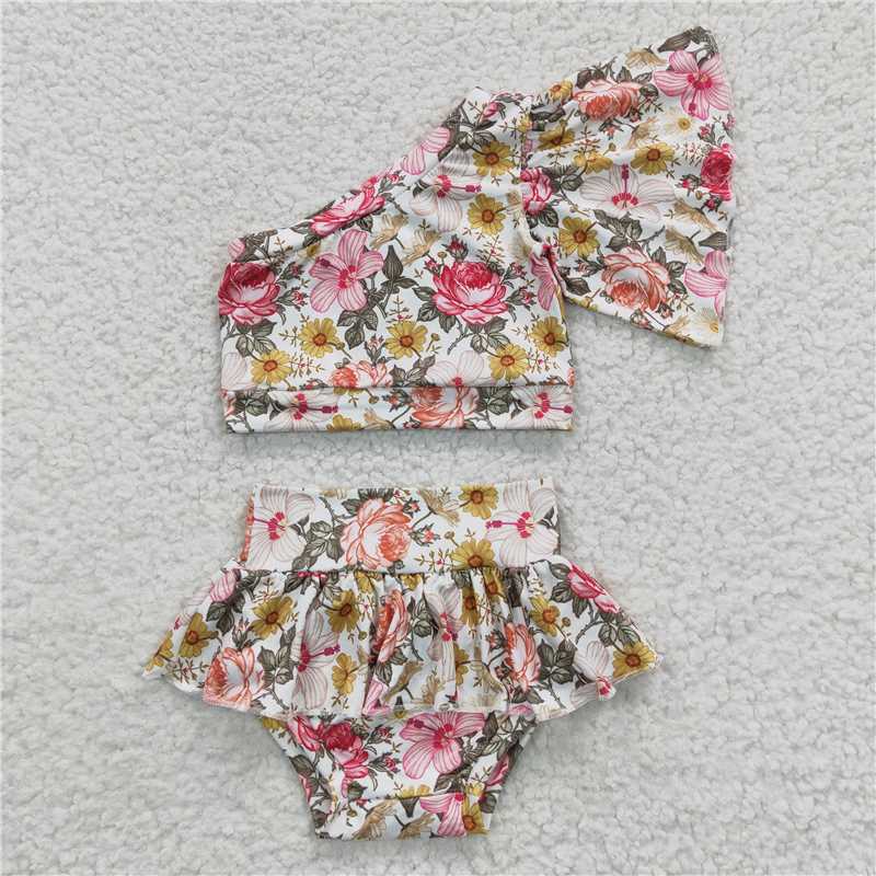 RTS NO MOQ Baby Girls Summer Outifts GBO0157 Flowers One Shoulder Top Skirt Bummie Sets