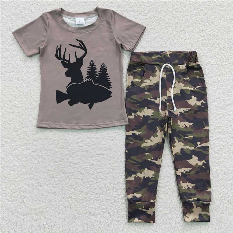 7.19 RTS NO MOQ Baby Boys Summer Sets BSPO0108 Deer Camo Tee Shirt Pocket Pants Sets