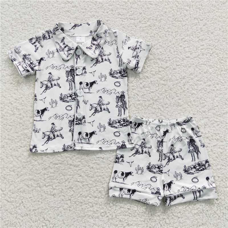 RTS NO MOQ Baby Boys kids Summer Sets BSSO0275 Short Sleeves Cow Cactus Western Pajamas Sets