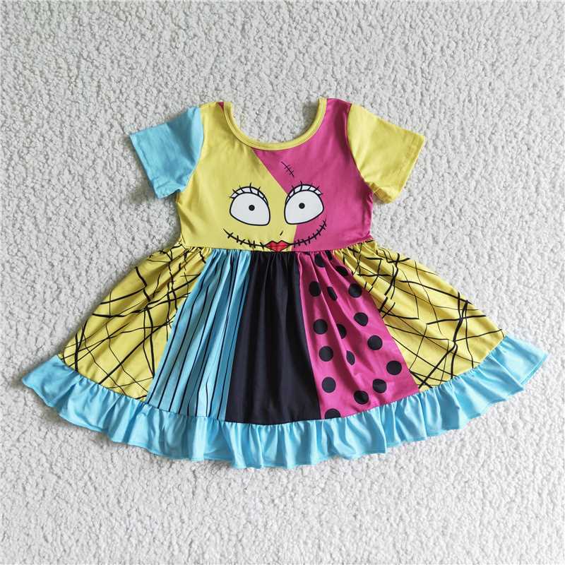 8.5 RTS NO MOQ Summer Baby Girls Dresses GSD0130 Halloween half face flutter sleeve patchwork twirl dresses