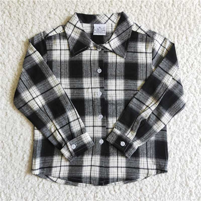 7.10 RTS NO MOQ Baby Boys Long Sleeve BT0060 Black White Plaid Cotton Pocket Shirts