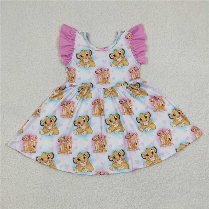 8.4 RTS NO MOQ Summer Baby Girls Dresses GSD0220 Flutter Sleeve Lion Knee Length Dresses