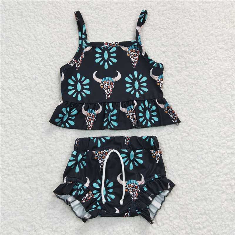 5.24 RTS NO MOQ Baby Girls Summer Outifts GSSO0182 Turquoise Western Cow Bummie Clothes Sets