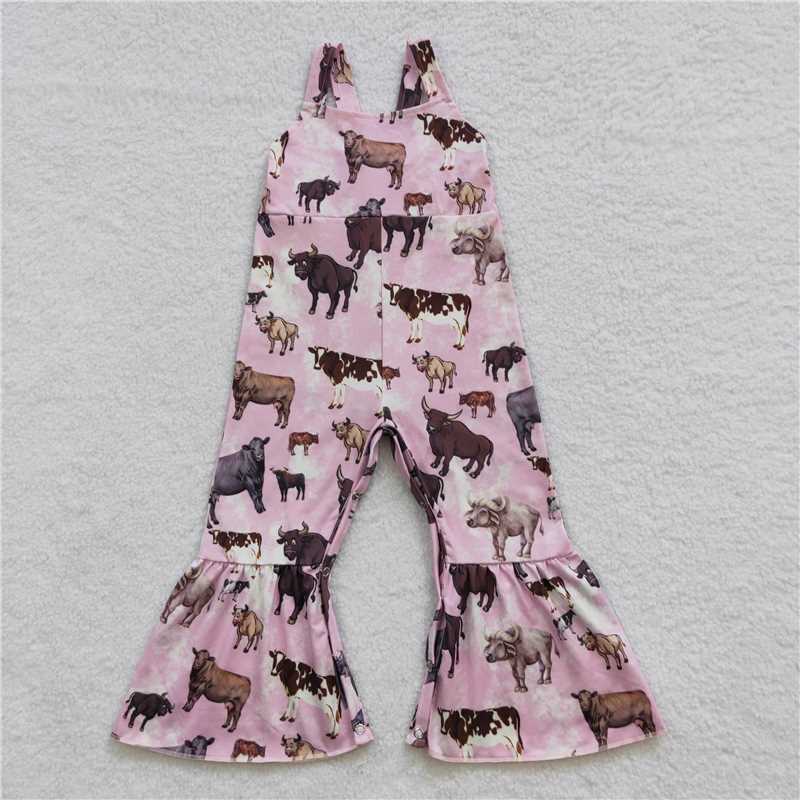 6.25 RTS NO MOQ Summer Baby Girls Bodysuit SR0372 Pink Cow Bell Bottom Jumpsuits