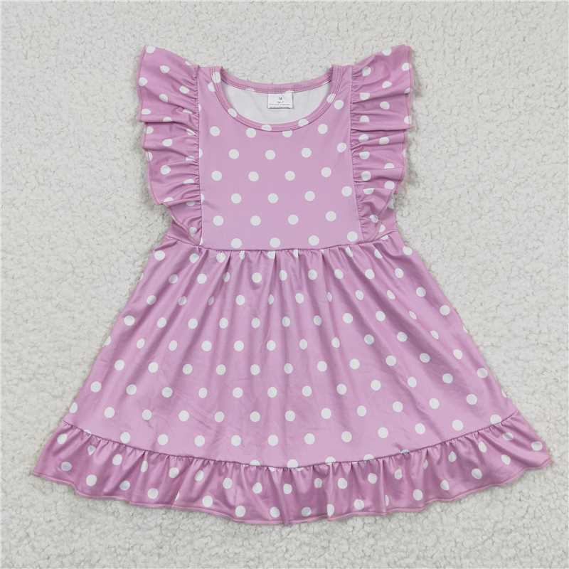 8.2 RTS NO MOQ Summer Baby Girls Dresses GSD0362 Lavender Polka Dots Ruffle Knee Length Dresses