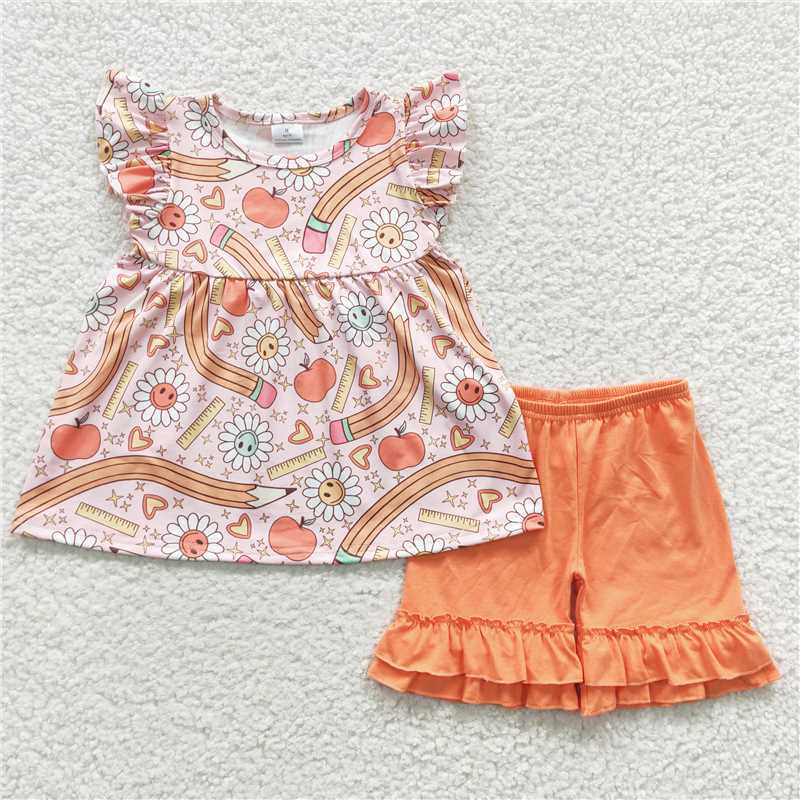RTS NO MOQ Baby Girls Summer Sets GSSO0320 Back To School Apple Tunic Shorts shorts sets