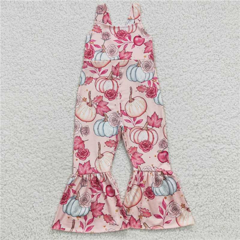 6.25 RTS NO MOQ Summer Baby Girls Bodysuit SR0375 Sleeveless Floral Leaves Pumpkin Straps Jumpsuit