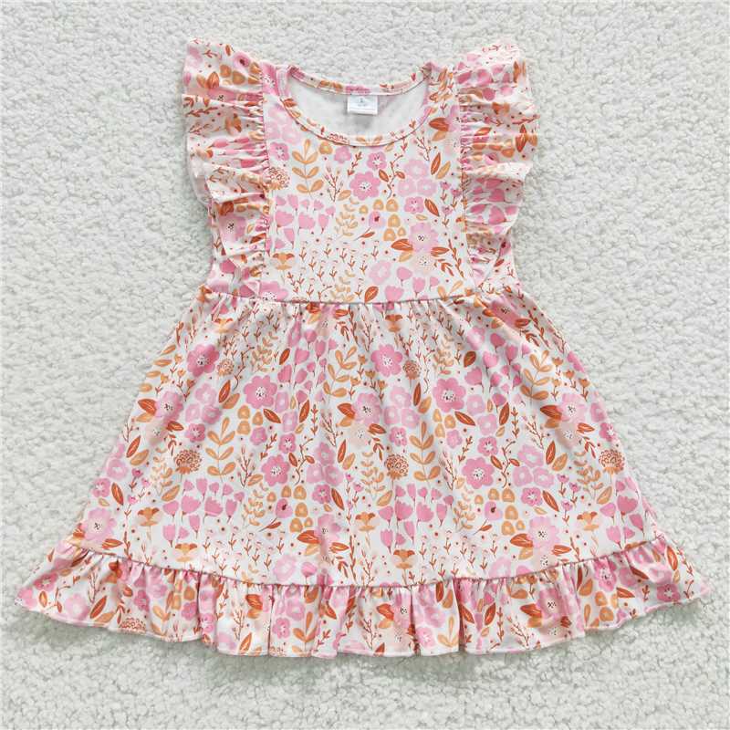 8.2 RTS NO MOQ Summer Baby Girls Dresses GSD0361 Pink Flowers Ruffle Knee Length Dresses