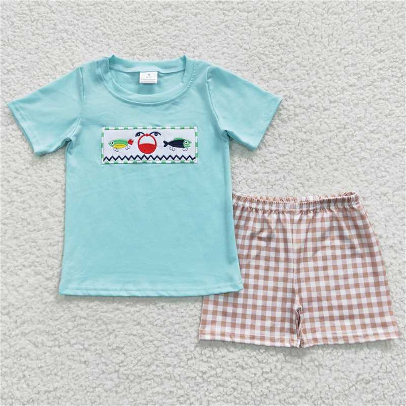 RTS NO MOQ Baby Boys kids Summer Sets BSSO0262 Fishing Shirt Plaid Shorts Sets