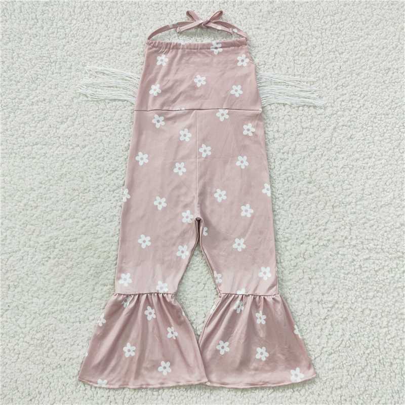 RTS NO MOQ Summer Baby Girls Bodysuit SR0424 Western Pink Flowers Tassels Halter Jumpsuits