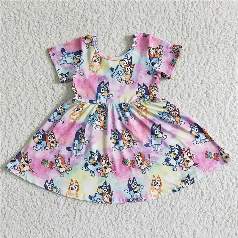 8.7 RTS NO MOQ Summer Baby Girls Dresses GSD0025 Cute dog print short sleeve purple knee length dresses