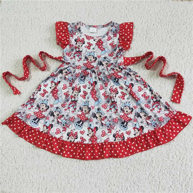 8.7 RTS NO MOQ Summer Baby Girls Dresses GSD0043 Flutter sleeve belt knee length dresses