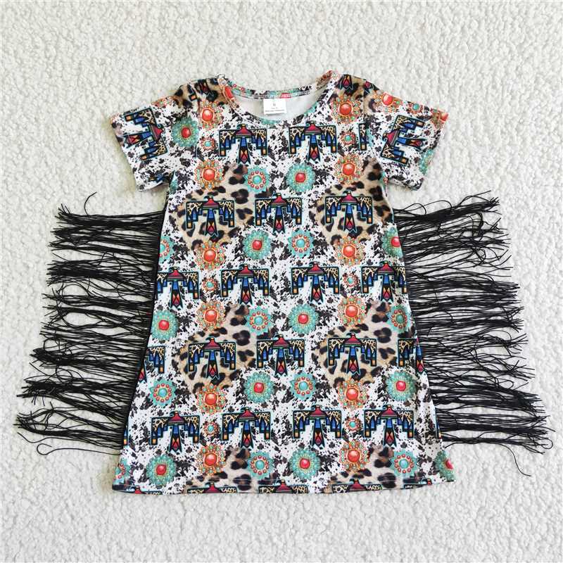8.6 RTS NO MOQ Summer Baby Girls Dresses GSD0058 Short sleeve turquoise thunderbird tassels dresses