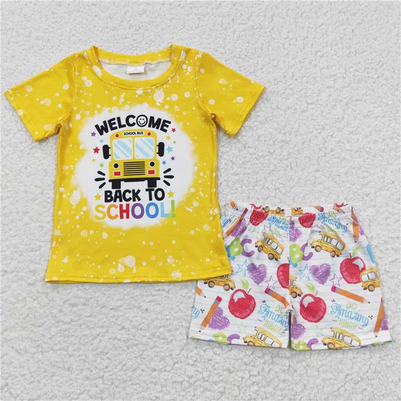 8.8 RTS NO MOQ Baby Boys kids Summer Sets BSSO0252 Back To School Bus Shorts Sets