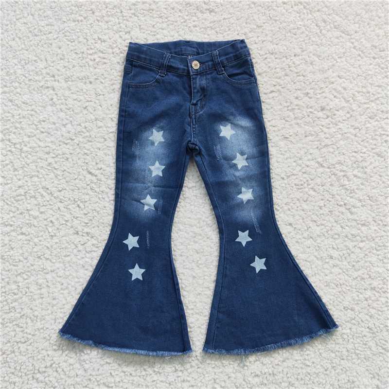 6.3 RTS NO MOQ Baby Girls Pants P0127 Washed Stars Denim Bell Pants