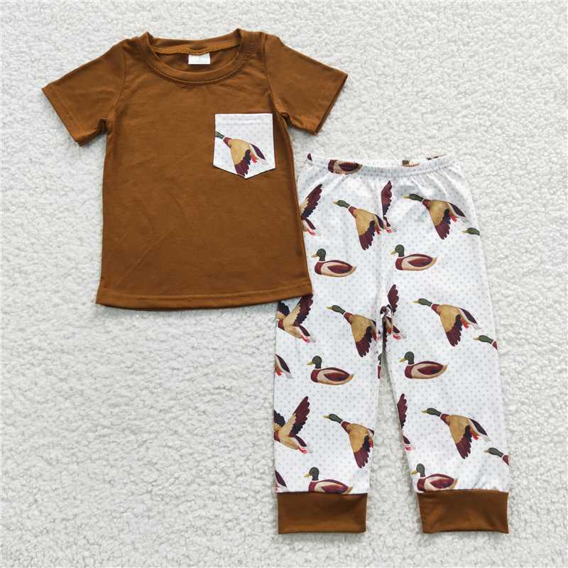 7.19 RTS NO MOQ Baby Boys Summer Sets BSPO0102 Brown Duck Pocket Pants Clothes Sets