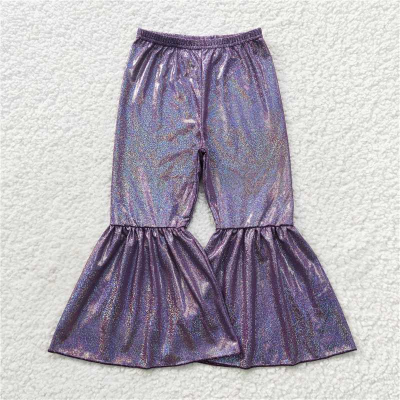 5.23 RTS NO MOQ Baby Girls Long Pants P0193 Purple Holographic Spandex Bell Bottom Pants
