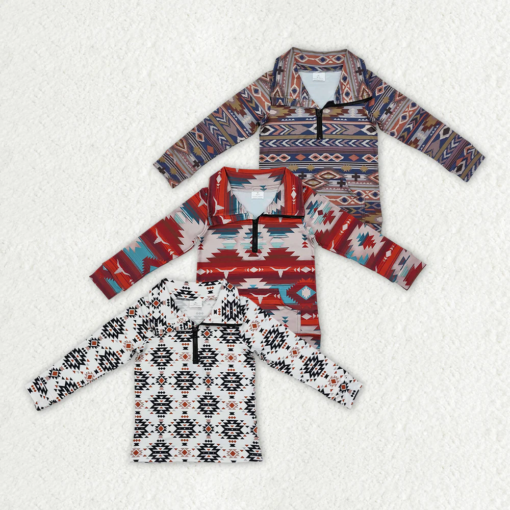 RTS NO MOQ Sibling Baby Boys Long Sleeve Western Aztec Zip Quater Pullovers Tops