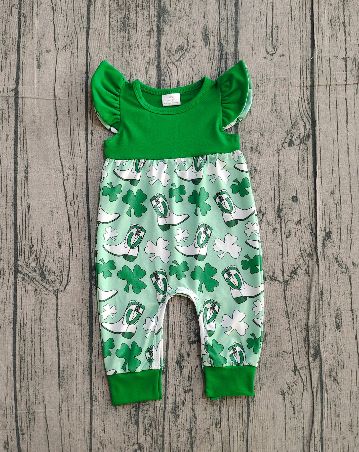RTS Baby Girls Infant Short Sleeves Clovers Boots St Patrick Green Romper