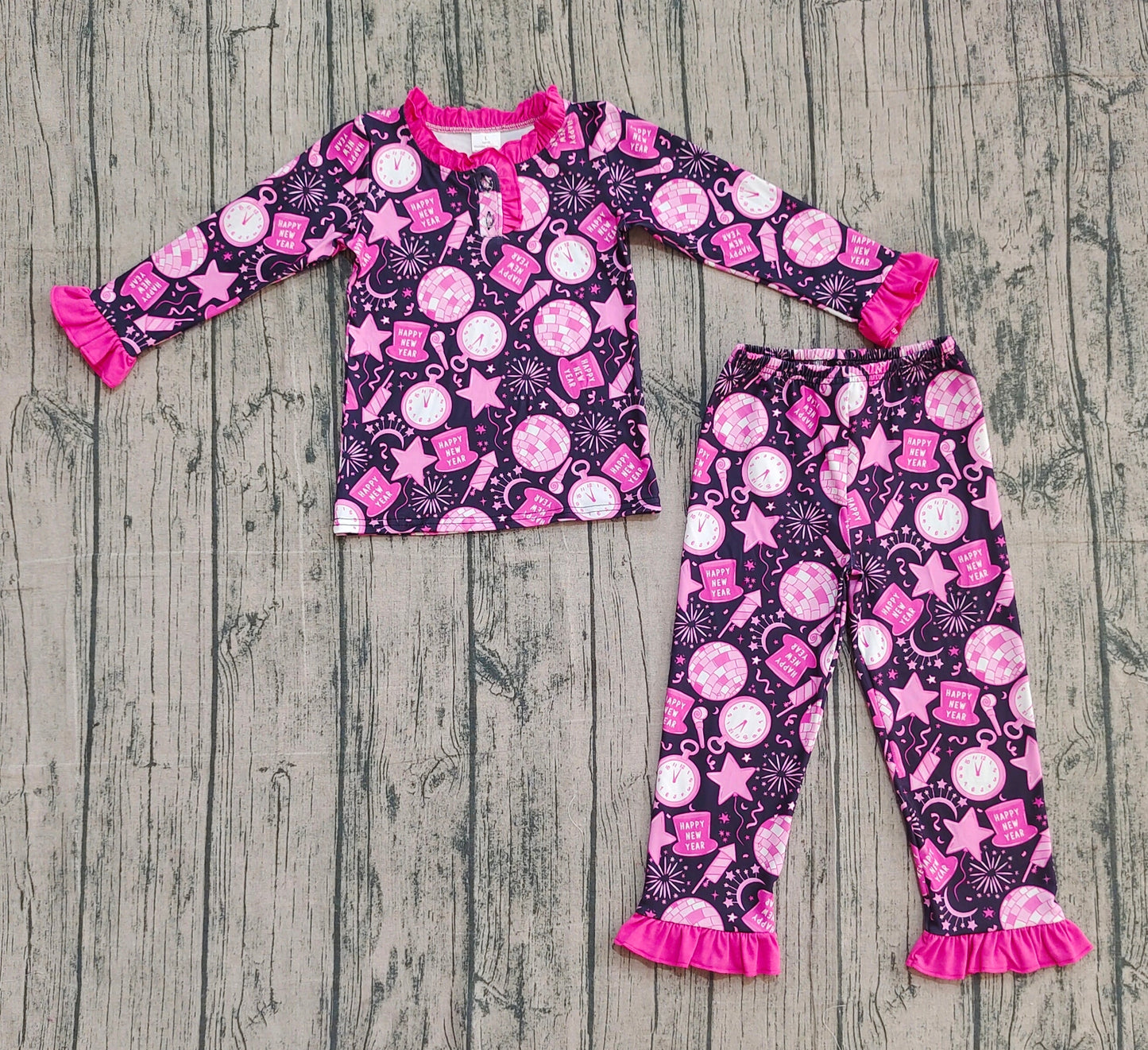 RTS Baby Girls Kids Long Sleeves Shirt Pants Happy New Year Pink Pajamas Set