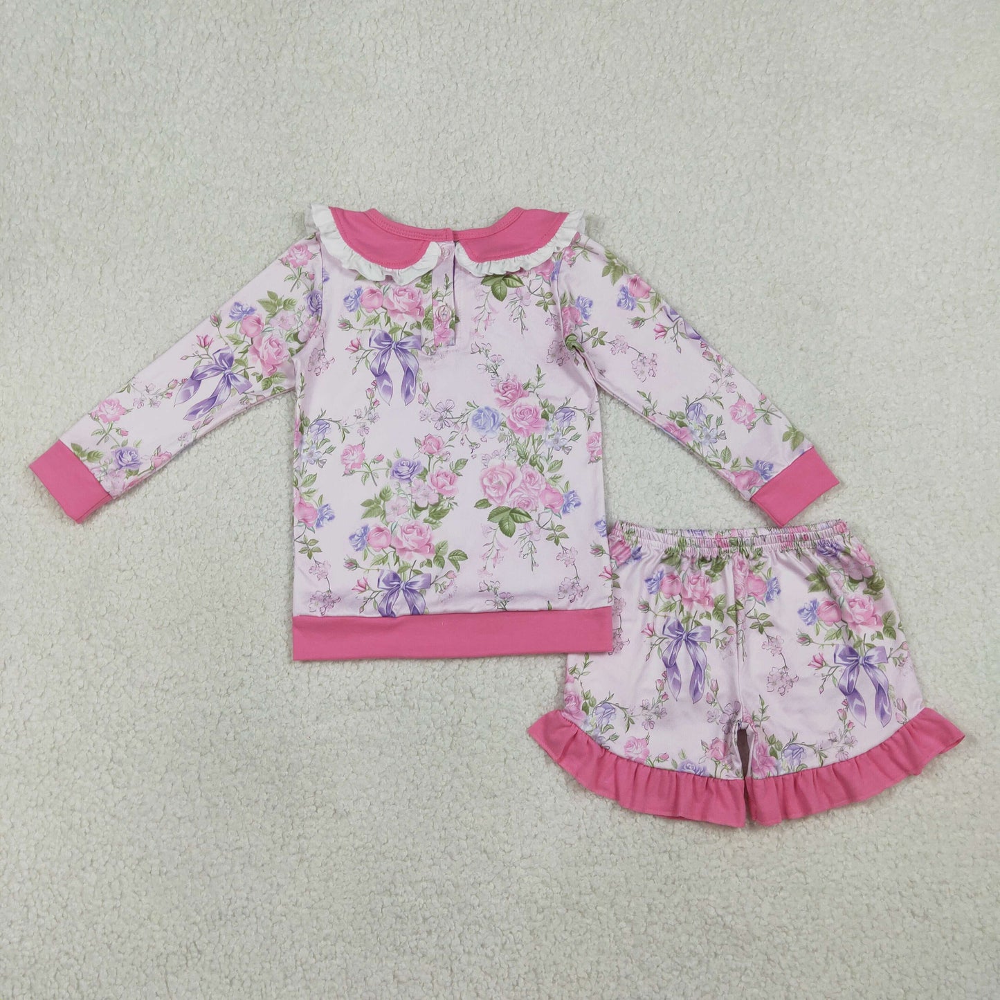 RTS Baby Girls Kids Long Sleeves Flower Purple Bows Tops Shorts Clothes Set