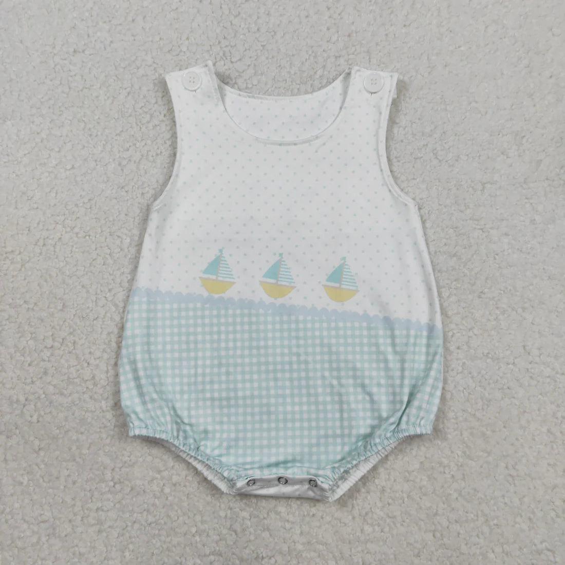RTS Baby Boys Kids Sleeveless Boats Green Plaid Dots Bubble Romper