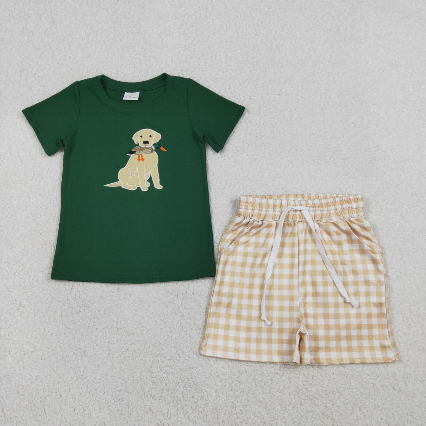 RTS Baby Boys Short Sleeves Embroidery Dog Duck Shirt Plaid Pockets Shorts Hunting Set