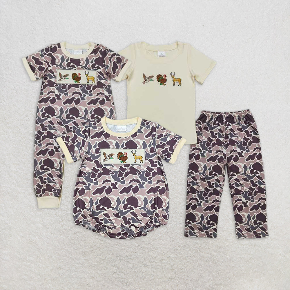 RTS NO MOQ Summer Sibling Baby Boys Duck Turkey Deer Camo Rompers Clothes Sets